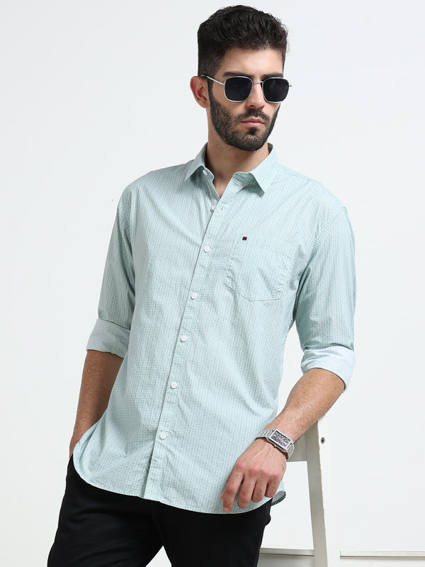 Mint Green Micro Print Slim Fit Cotton Casual Shirts