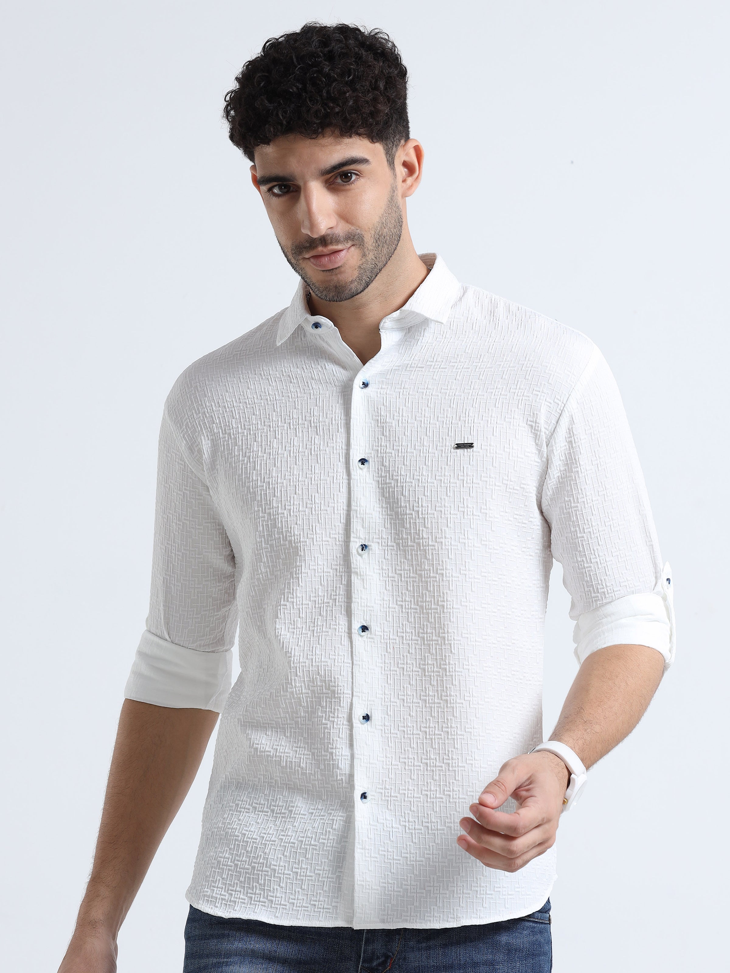 Men's White Slim Fit Solid Popcorn Full Sleeve Casual Shirt