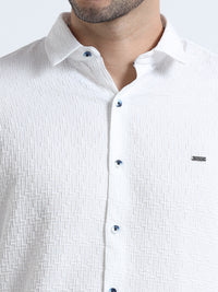 Men's White Slim Fit Solid Popcorn Full Sleeve Casual Shirt