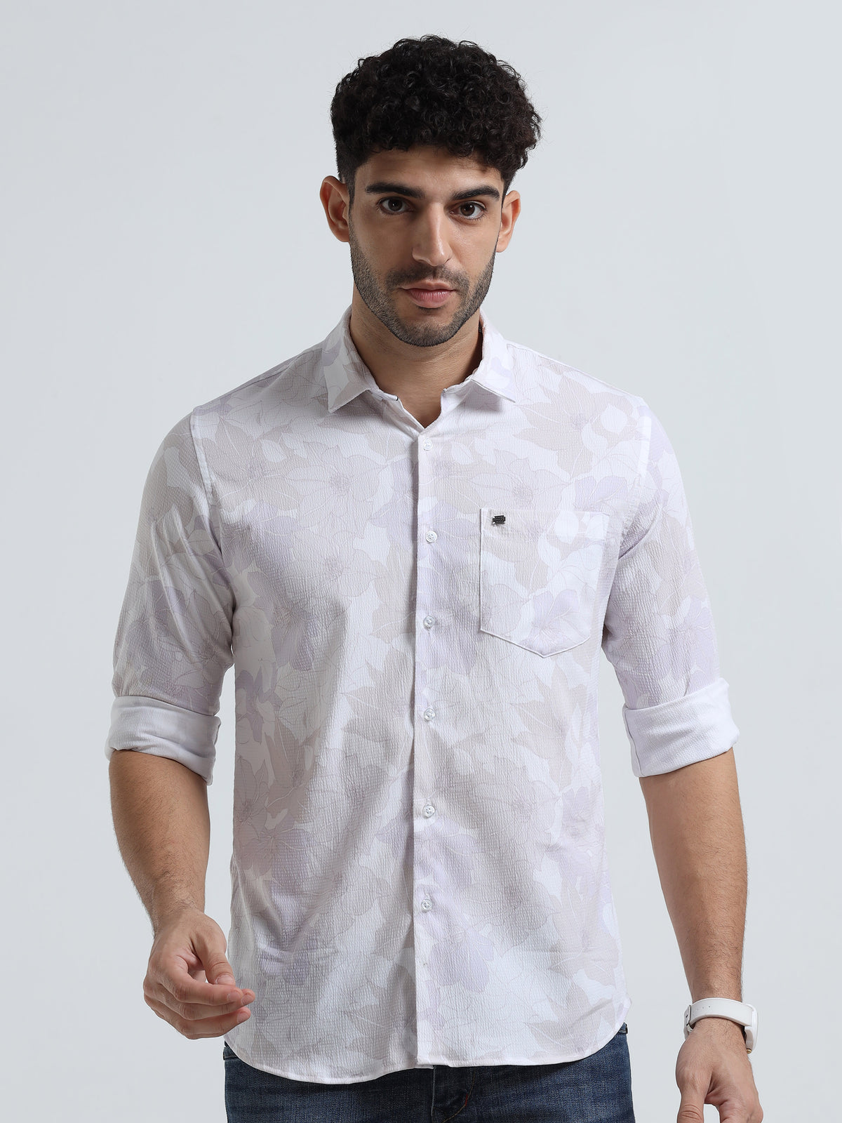 Men's Light Cream Slim Fit Printed Popcorn Full Sleeve Casual Shirt