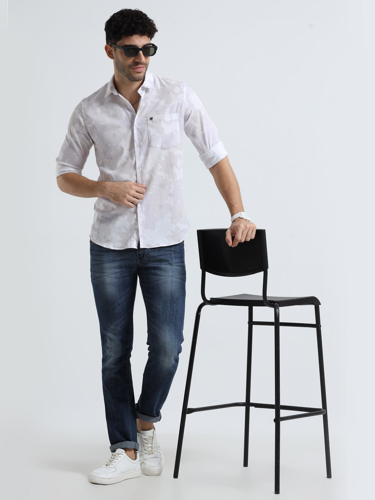 Men's Light Cream Slim Fit Printed Popcorn Full Sleeve Casual Shirt
