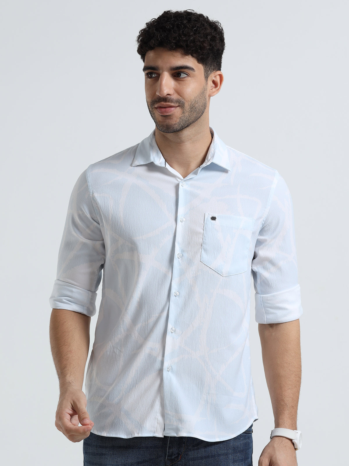 Men's Sky Blue Slim Fit Printed Popcorn Full Sleeve Casual Shirt