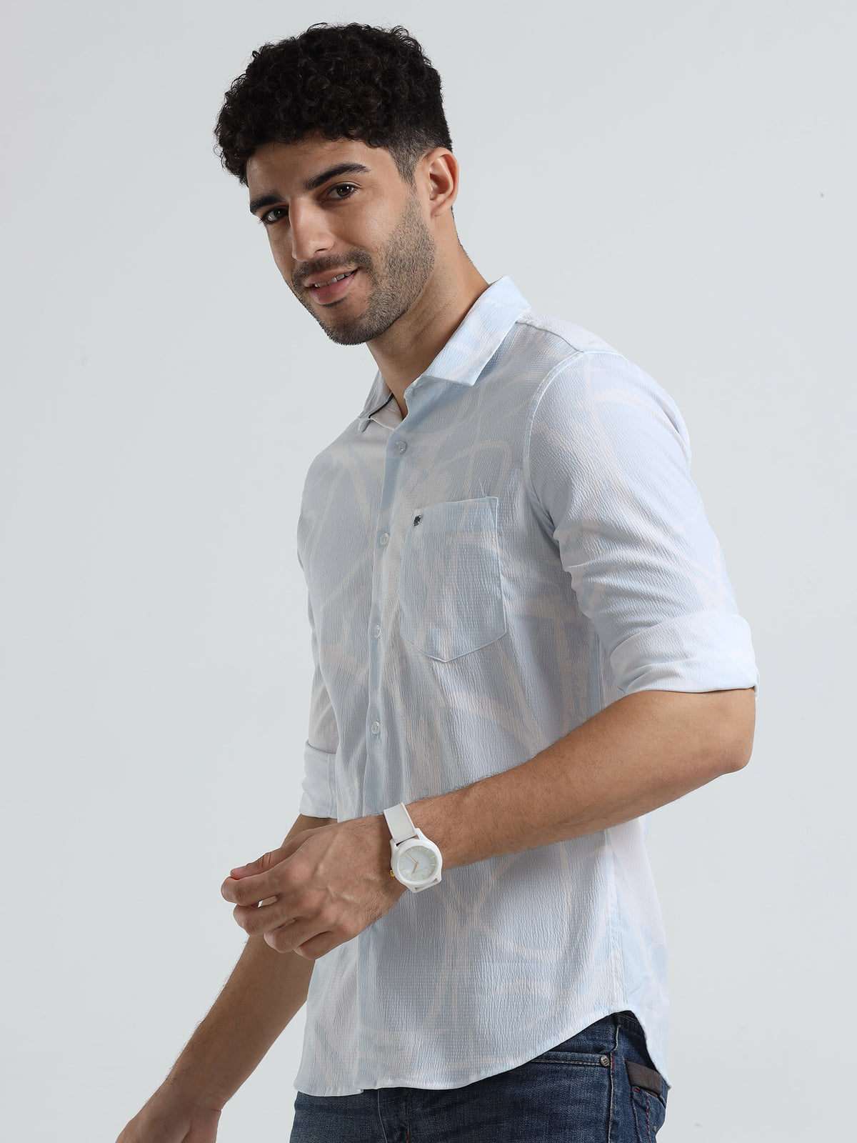 Men's Sky Blue Slim Fit Printed Popcorn Full Sleeve Casual Shirt