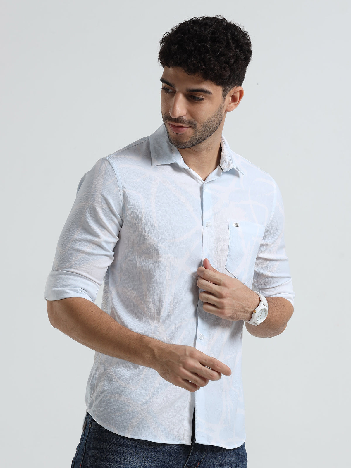 Men's Sky Blue Slim Fit Printed Popcorn Full Sleeve Casual Shirt