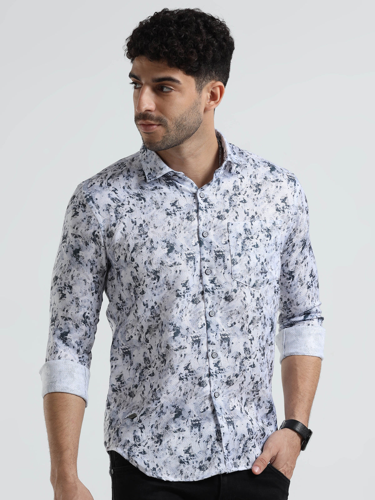 Men's White Green Slim Fit Printed Full Sleeve Casual Shirt