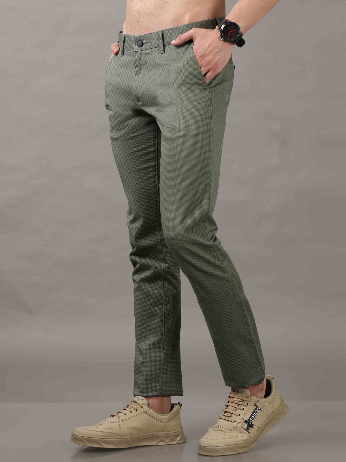 Men's Olive Cotton Blend Narrow Fit Printed Causal Trouser
