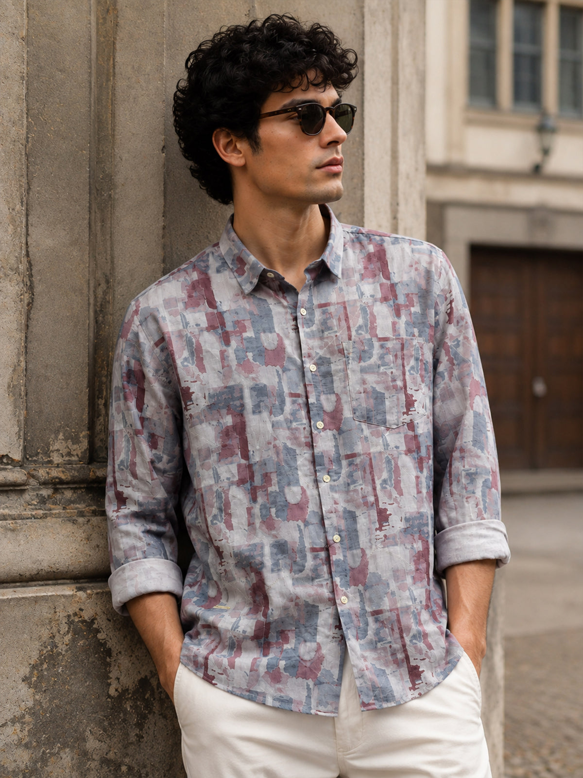 Men Pink Slim Fit Printed Full Sleeve Casual Shirt