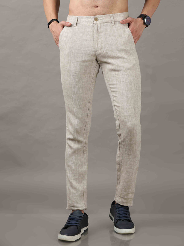 Men's Beige Narrow Fit Linen Solid Casual Trousers