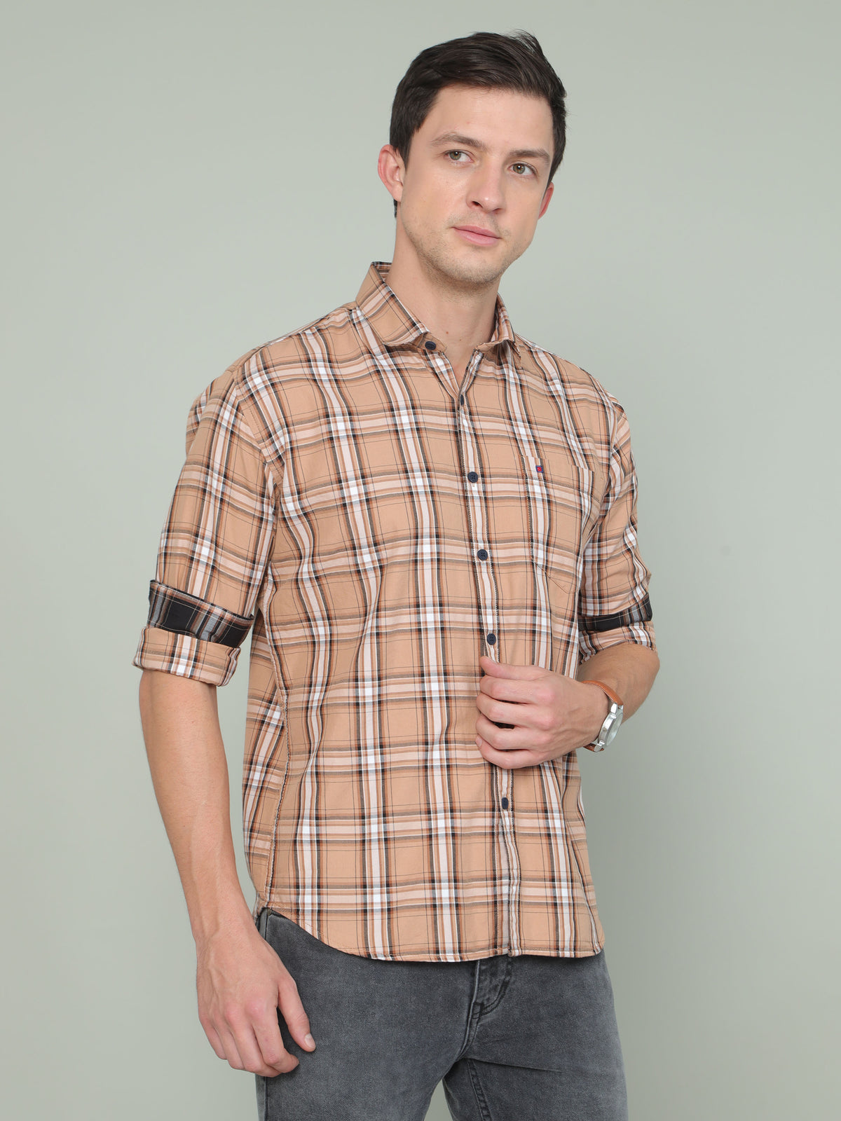 Men's Brown Slim Fit Checks Full Sleeves Casual Shirts