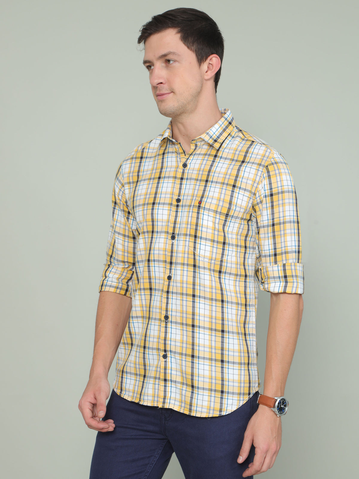 Men's Yellow Slim Fit Checks Full Sleeves Casual Shirts