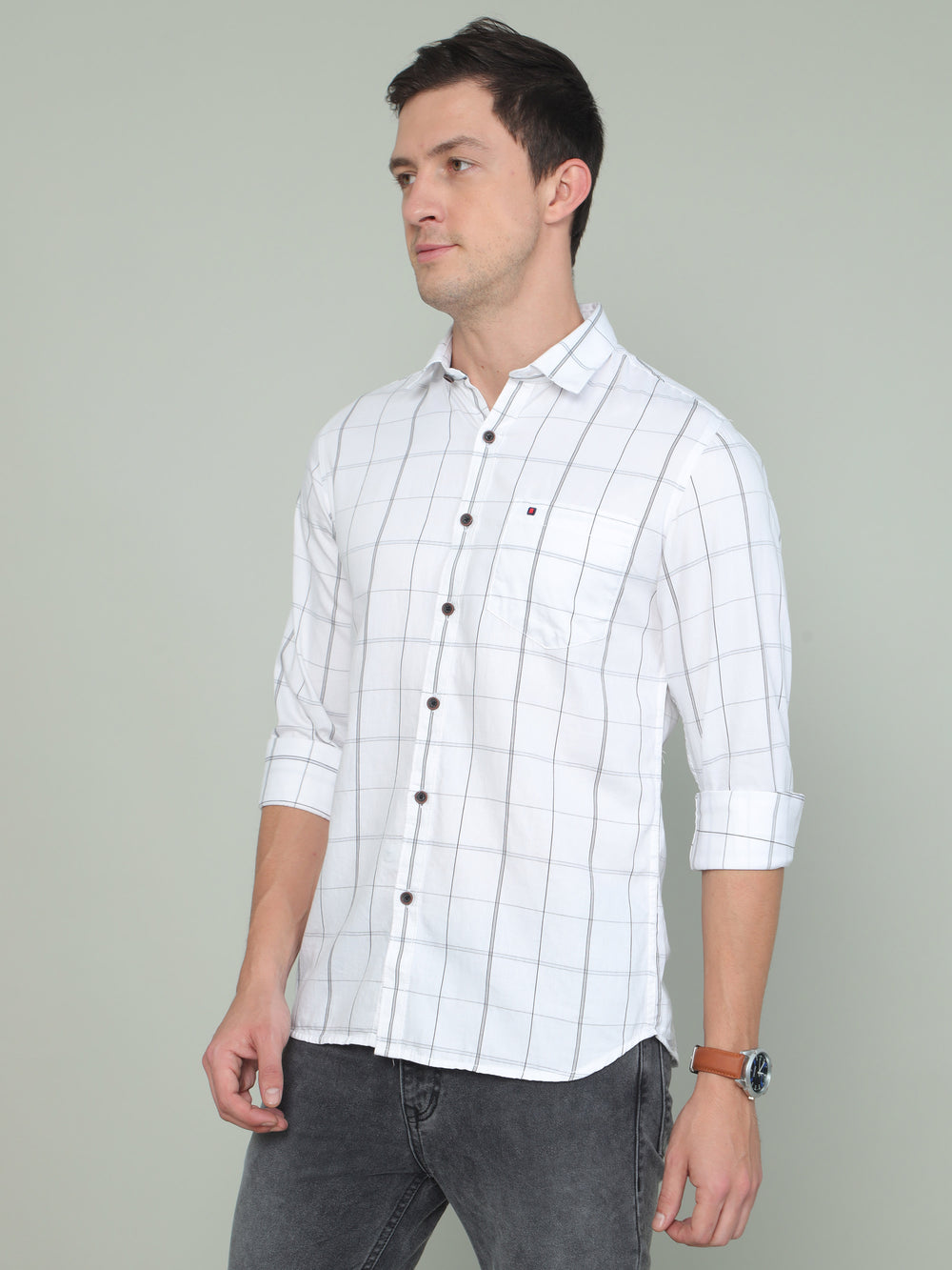 Men's White Slim Fit Checks Full Sleeves Casual Shirts