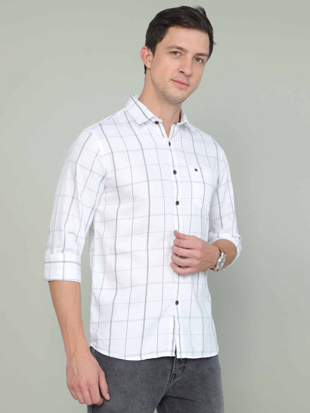Men's White Slim Fit Checks Full Sleeves Casual Shirts