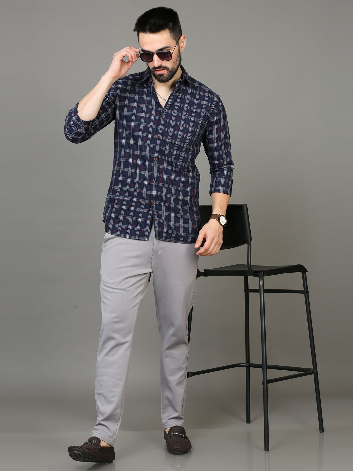 Men's Blue Slim Fit Checks Full Sleeves Casual Shirts