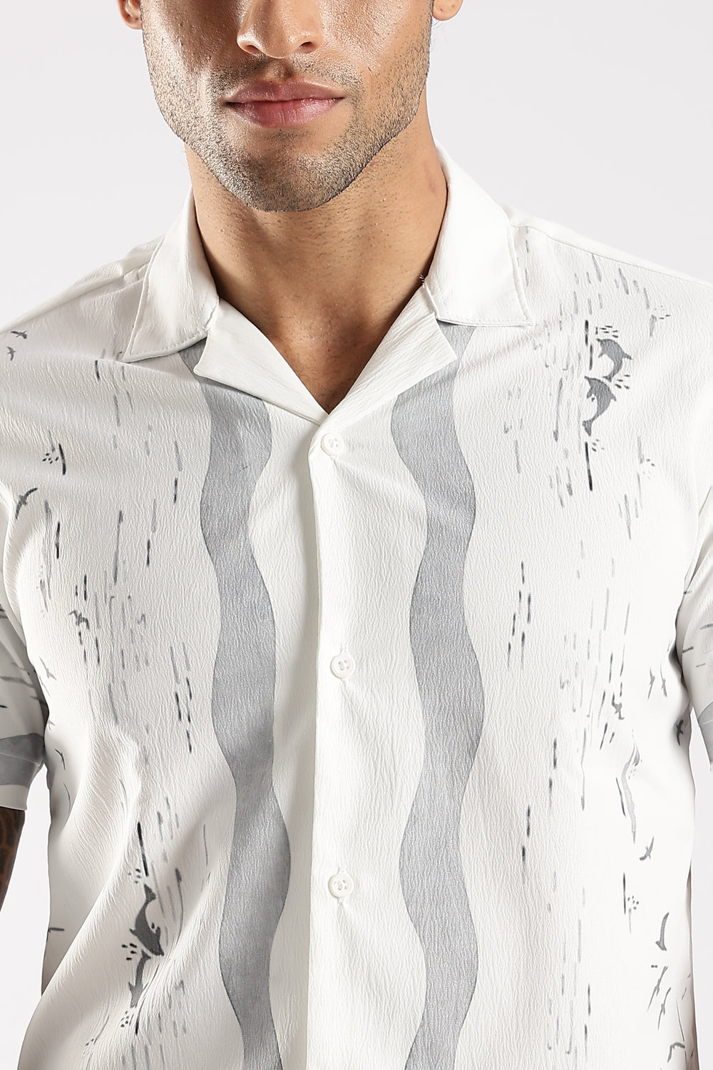White & Grey Abstract Print Half Sleeve Casual Shirt Description