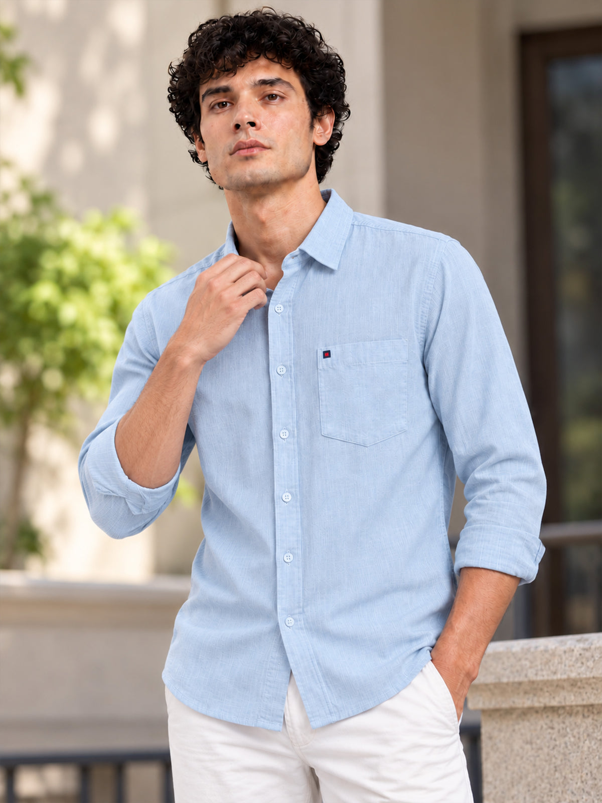 Men's Grey Linen Textured Slim Fit Solid Casual Shirt