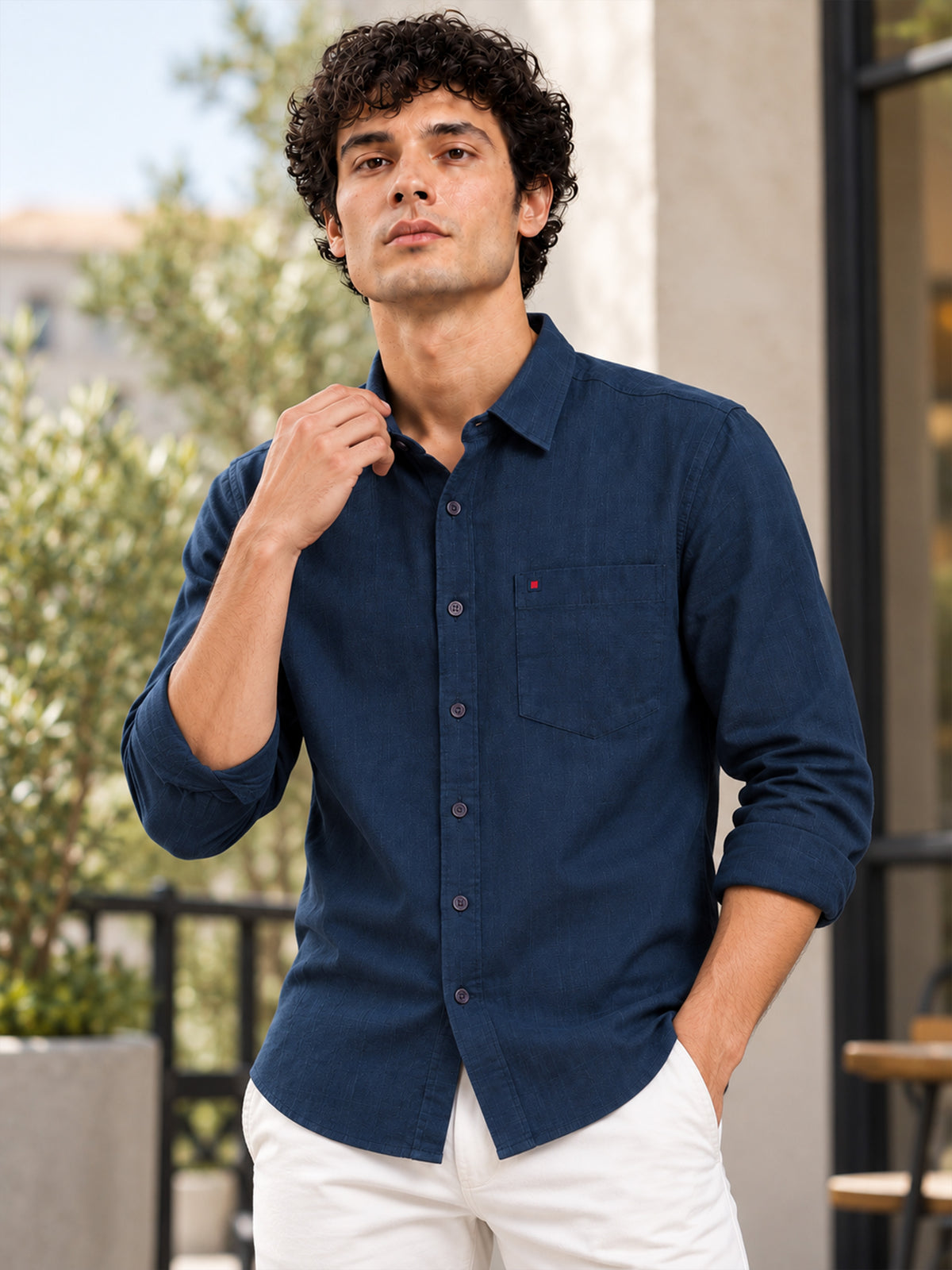 Men's Navy Linen Textured Slim Fit Solid Casual Shirt