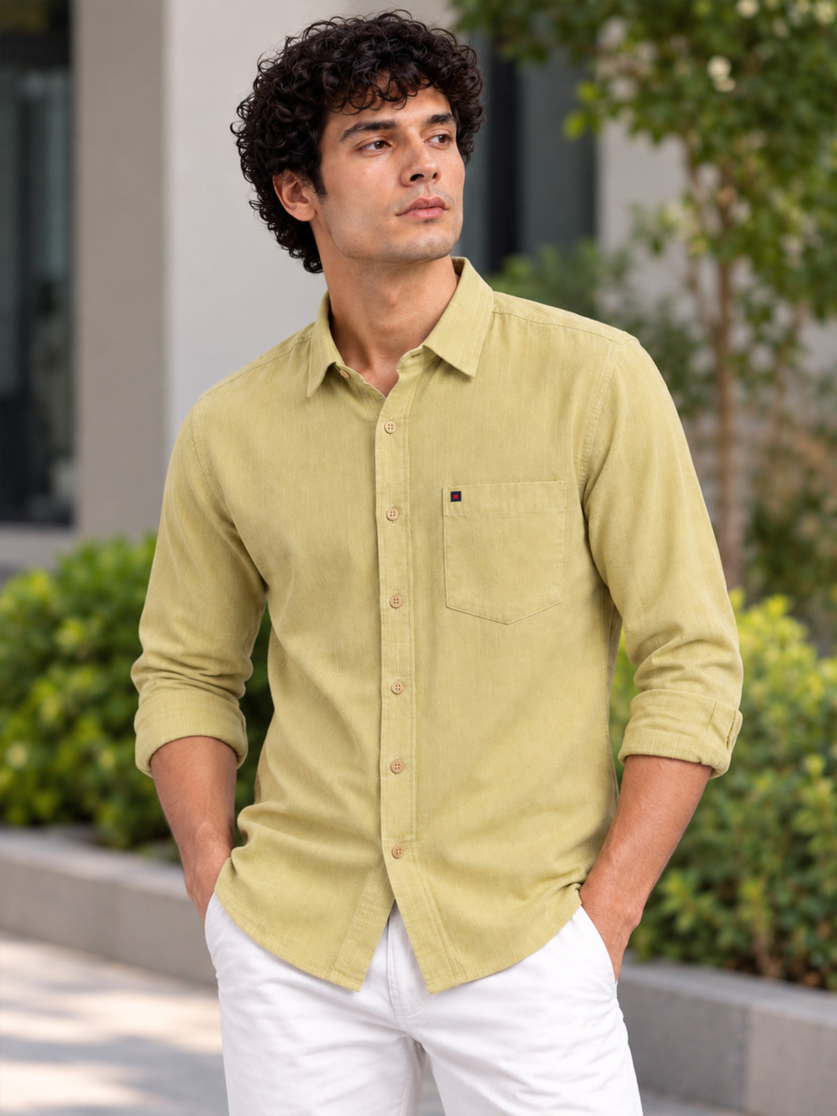 Men's Yellow Linen Textured Slim Fit Solid Casual Shirt