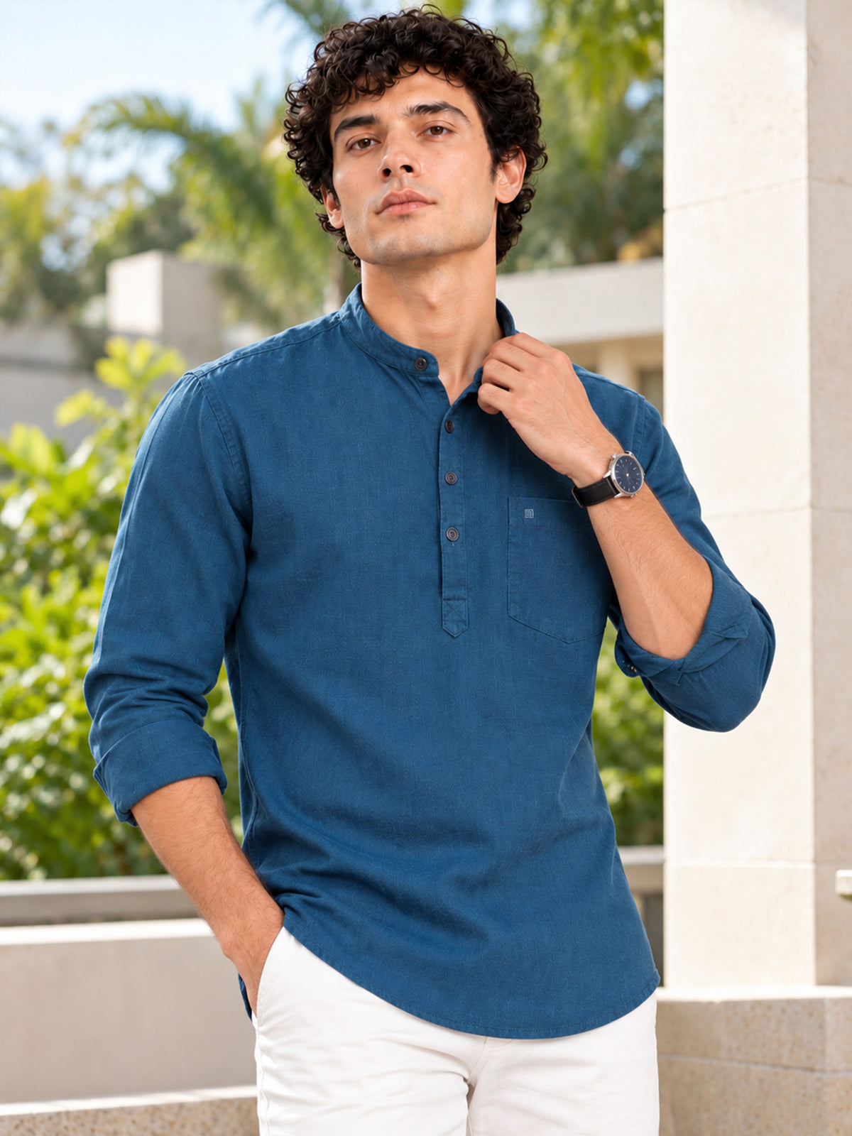Men Navy Slim Fit Solid Linen Texture Casual Kurta Shirt