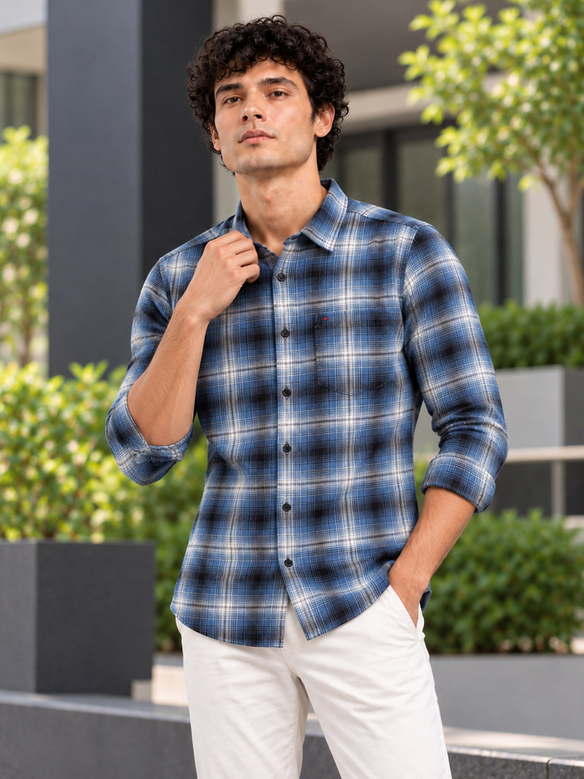 Men's Blue Slim Fit Checkered Casual Shirt