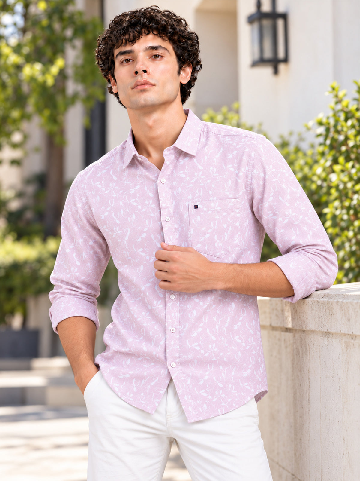 Men Mauve Floral Printed Slim Fit Casual Shirt