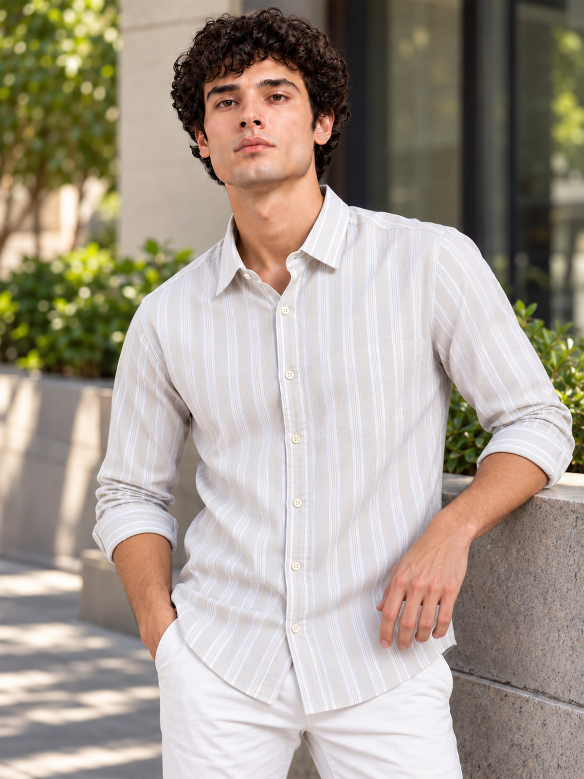 Men Beige Striped Cotton Lycra Slim Fit Casual Shirt