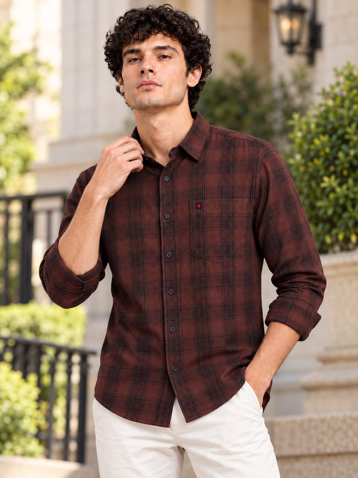 Men Smart Casual Brown Tartan Checked Slim Fit Casual Shirt