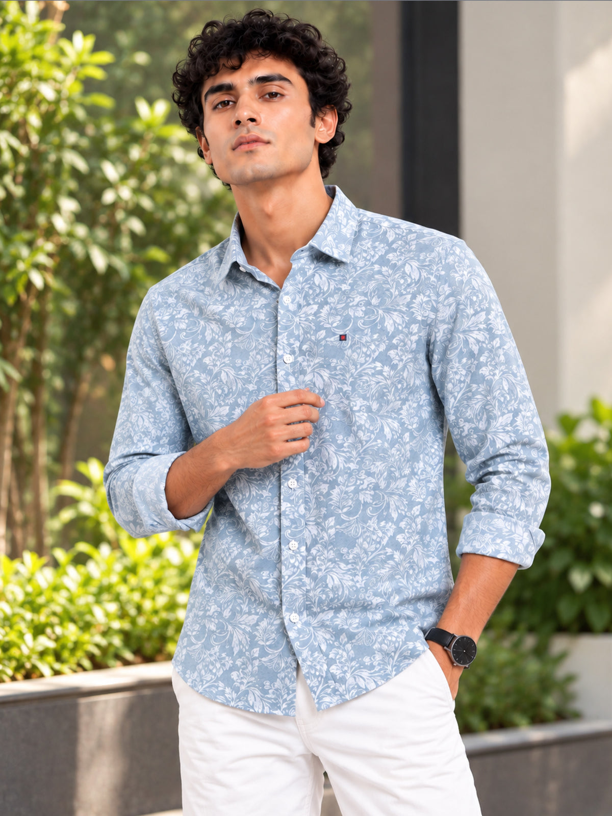 Men's Pista Green Slim Fit Floral Printed Casual Shirt