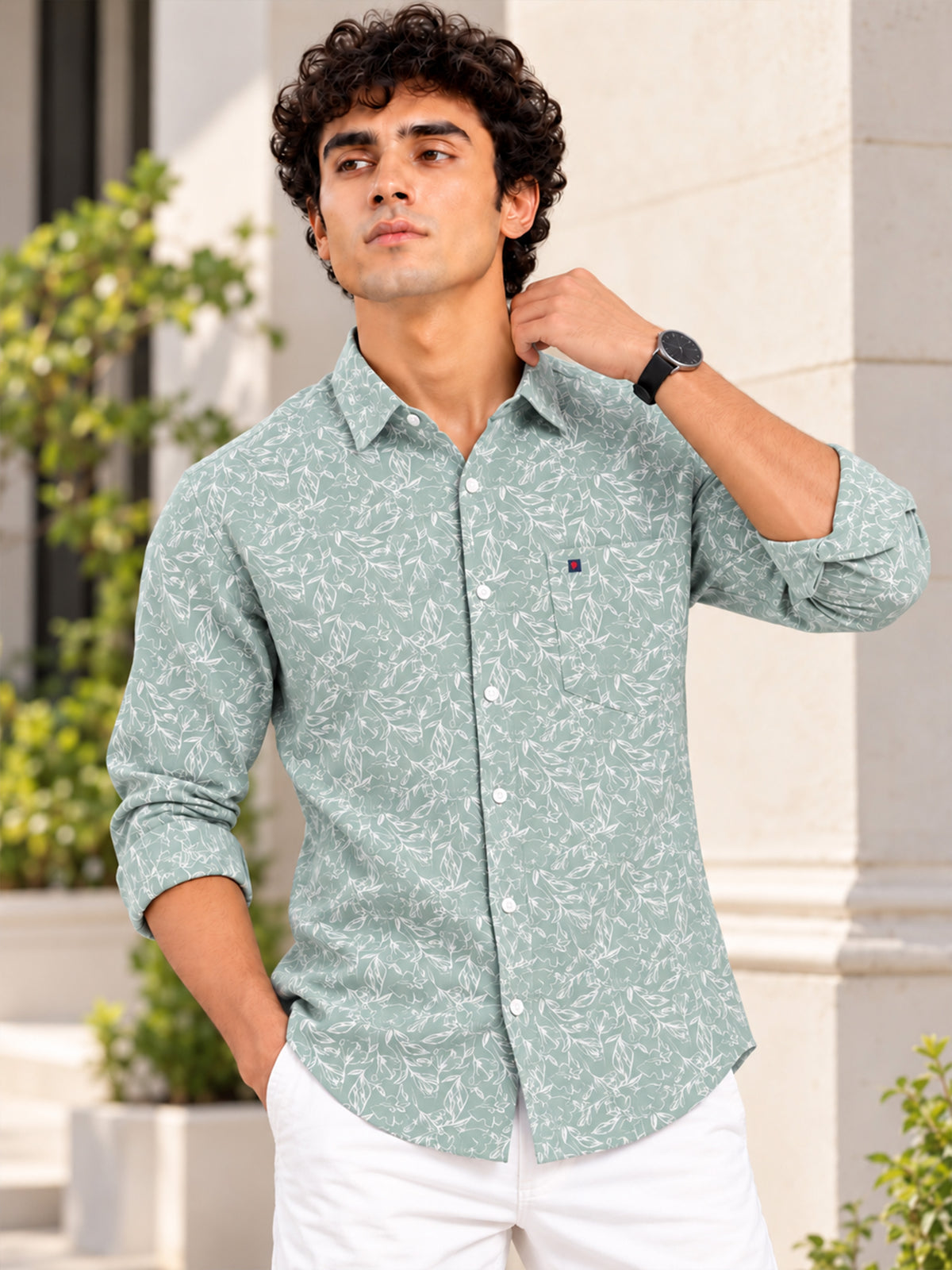 Men Light Blue Slim Fit Floral Printed Casual Shirt