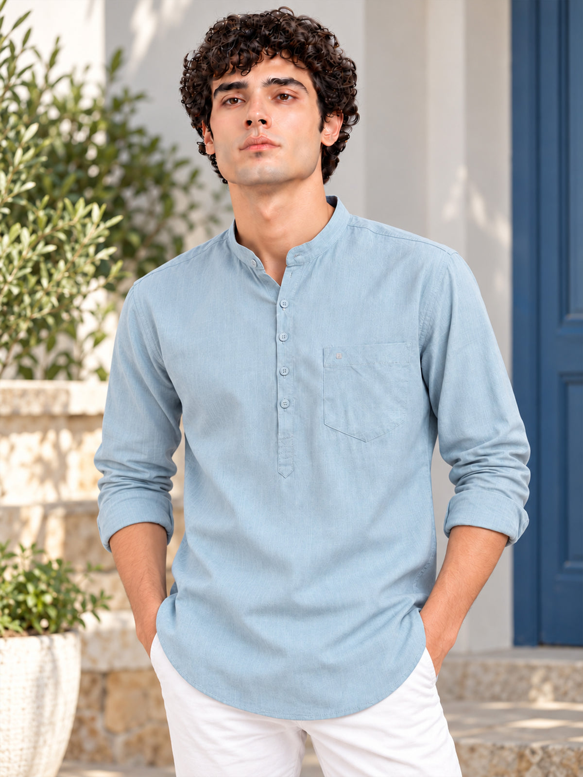 Men Grey Slim Fit Solid Linen Texture Casual Kurta Shirt
