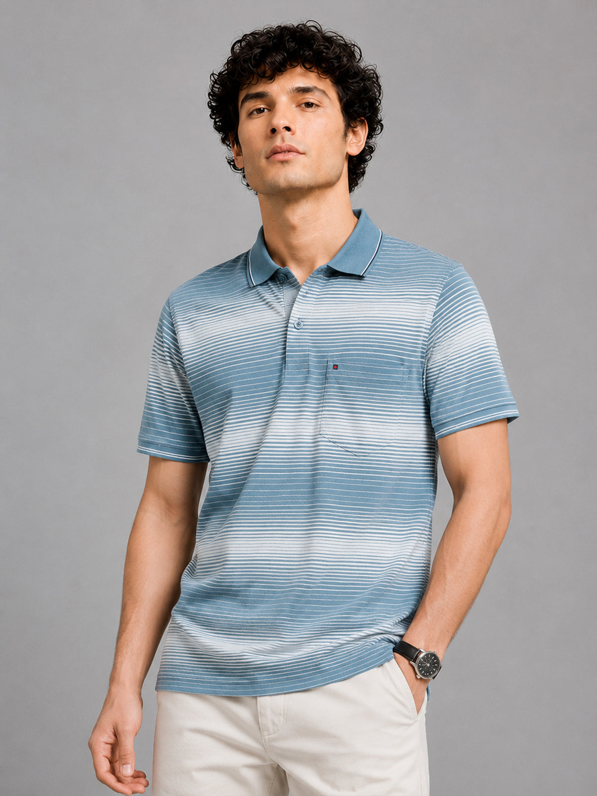 Men Light Blue Slim Fit Striped Polo T-Shirt with Chest Pocket
