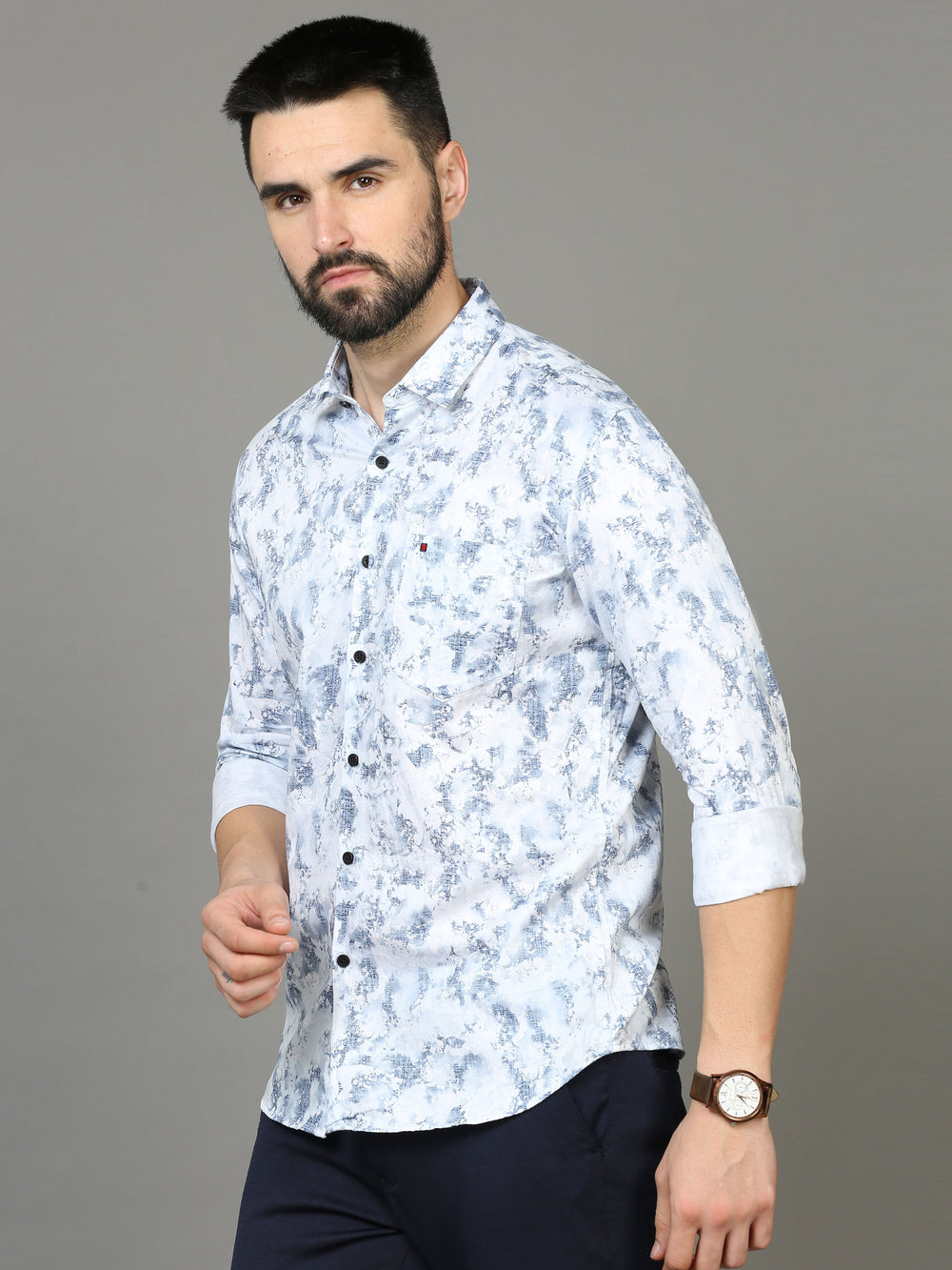 Men's Blue Slim Fit Printed Full Sleeves Casual Shirts