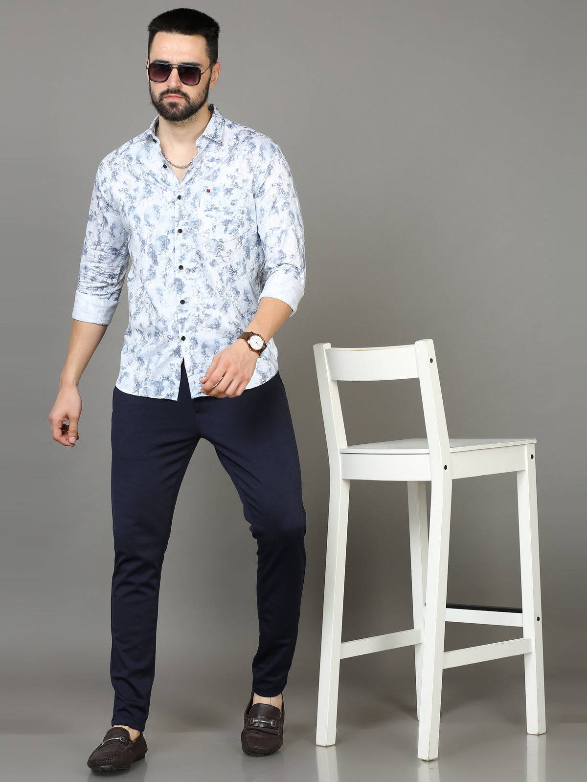Men's Blue Slim Fit Printed Full Sleeves Casual Shirts