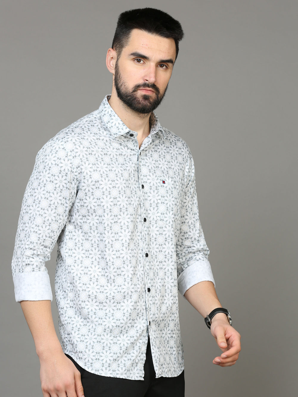 Men's Light Grey Slim Fit Printed Full Sleeves Casual Shirts