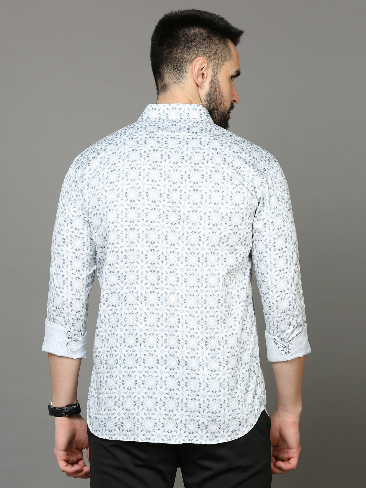 Men's Light Grey Slim Fit Printed Full Sleeves Casual Shirts