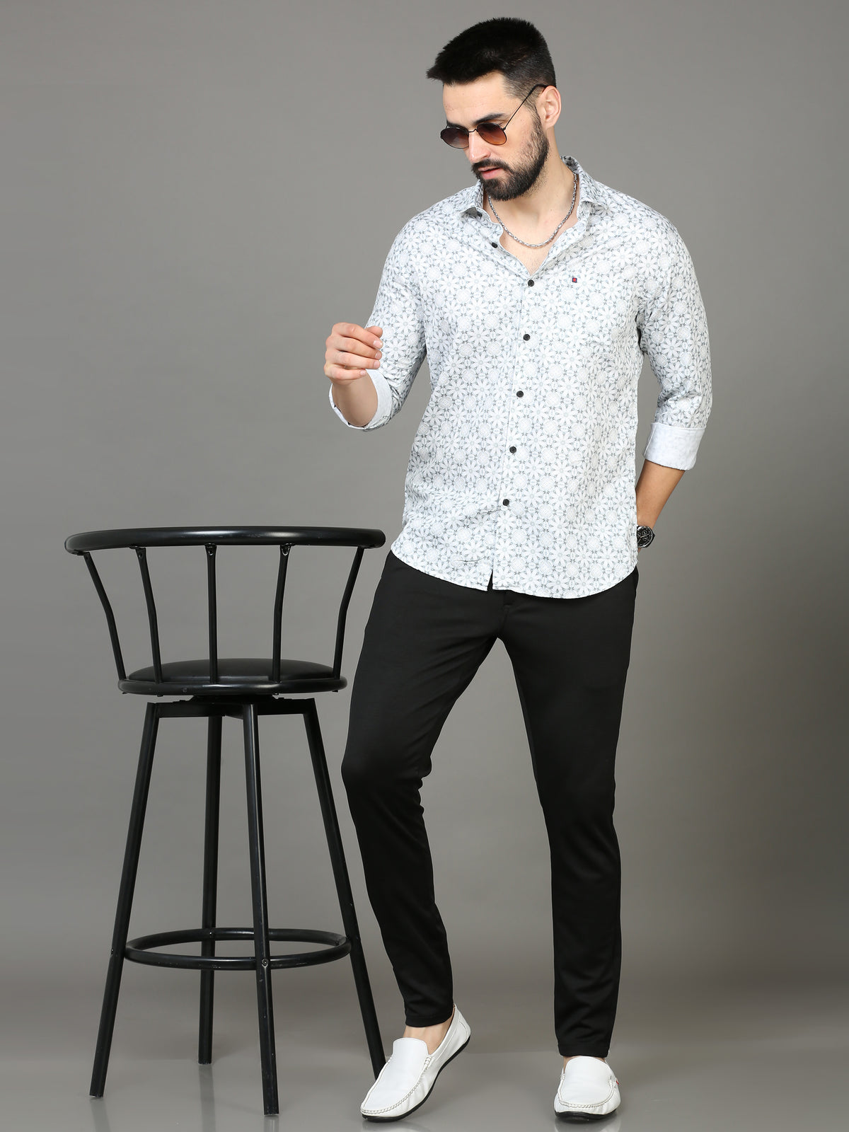 Men's Light Grey Slim Fit Printed Full Sleeves Casual Shirts