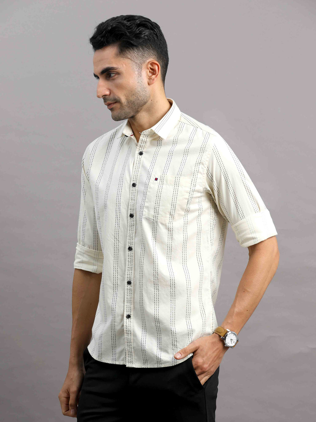 Men's Cream Slim Fit Striped Full Sleeves Casual Shirt