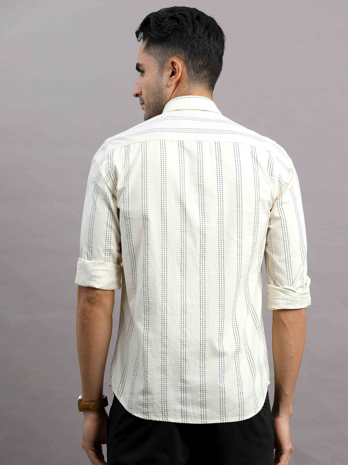 Men's Cream Slim Fit Striped Full Sleeves Casual Shirt