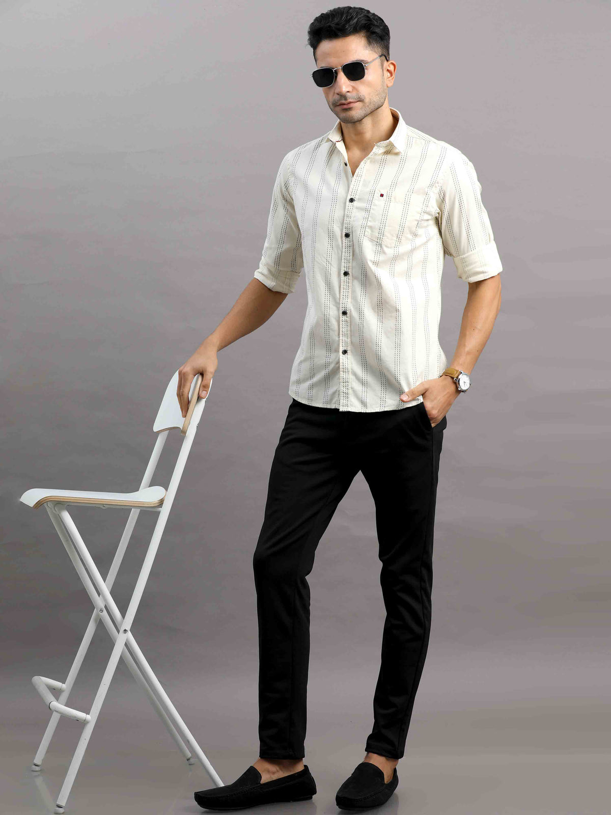 Men's Cream Slim Fit Striped Full Sleeves Casual Shirt