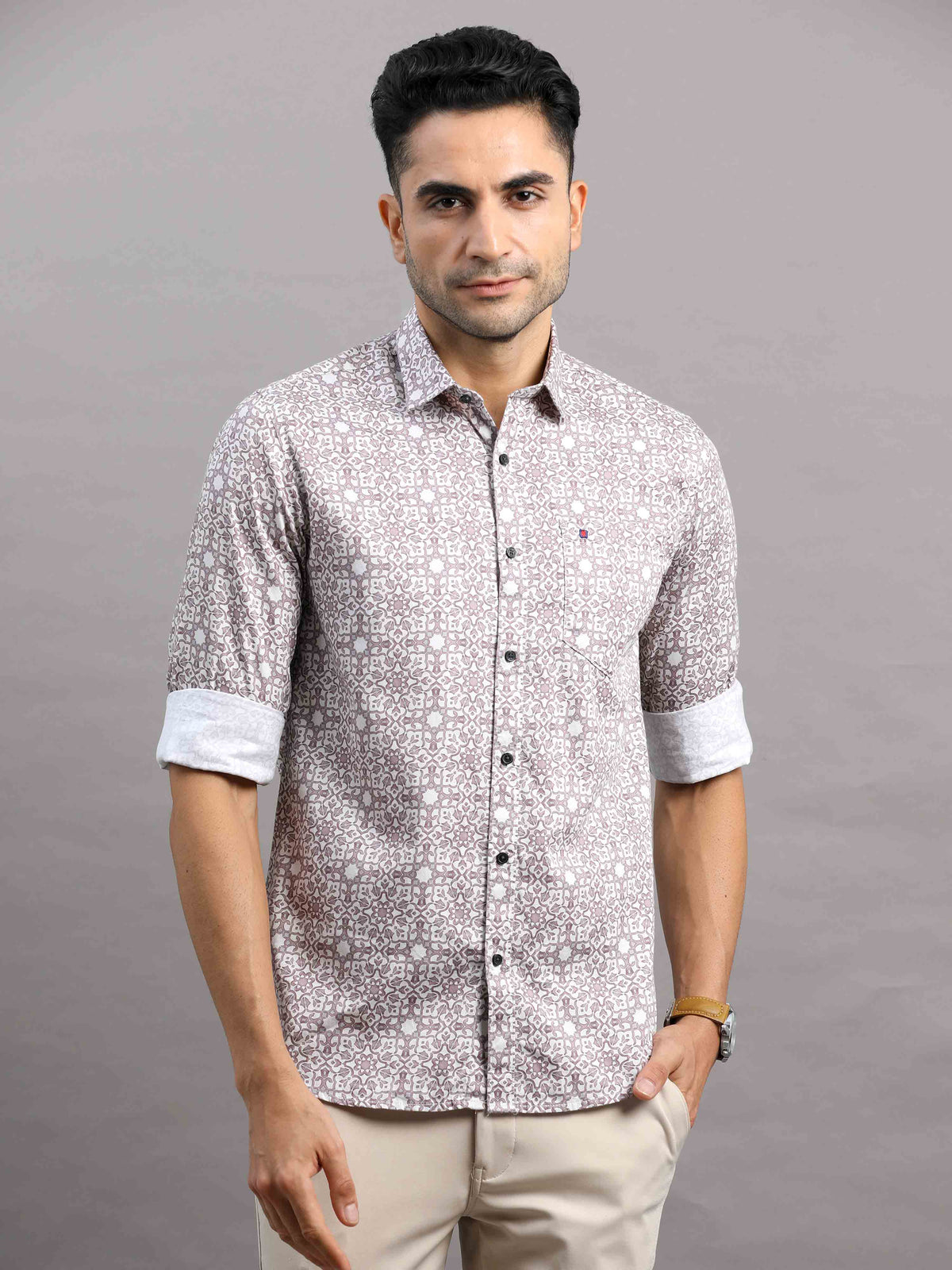 Men's Pink Slim Fit Printed Full Sleeves Casual Shirt