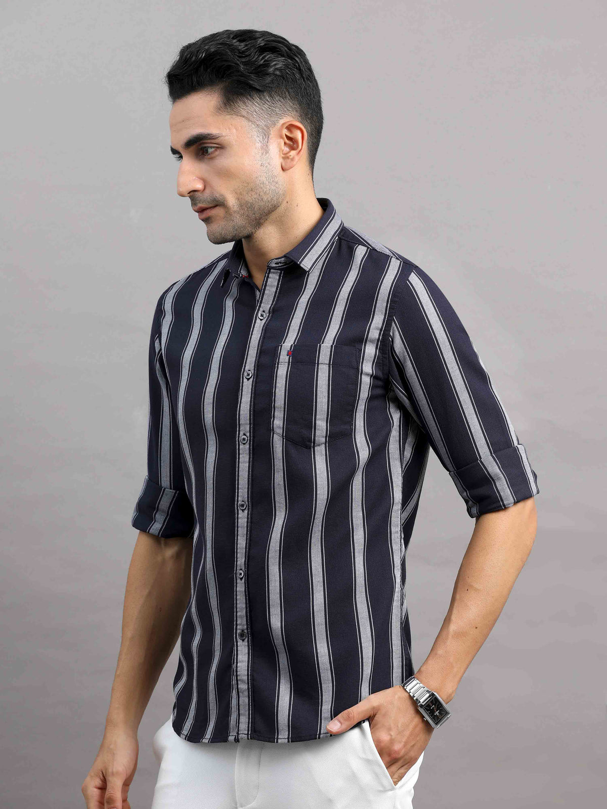 Men's Black Slim Fit Striped Full Sleeves Casual Shirt