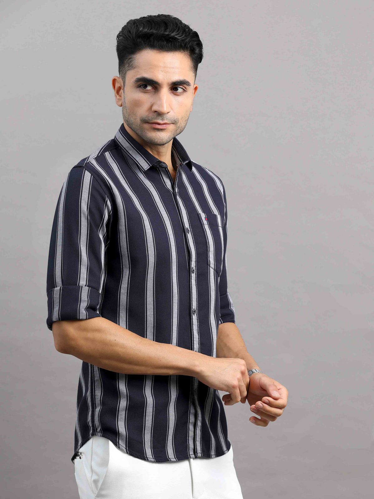 Men's Black Slim Fit Striped Full Sleeves Casual Shirt