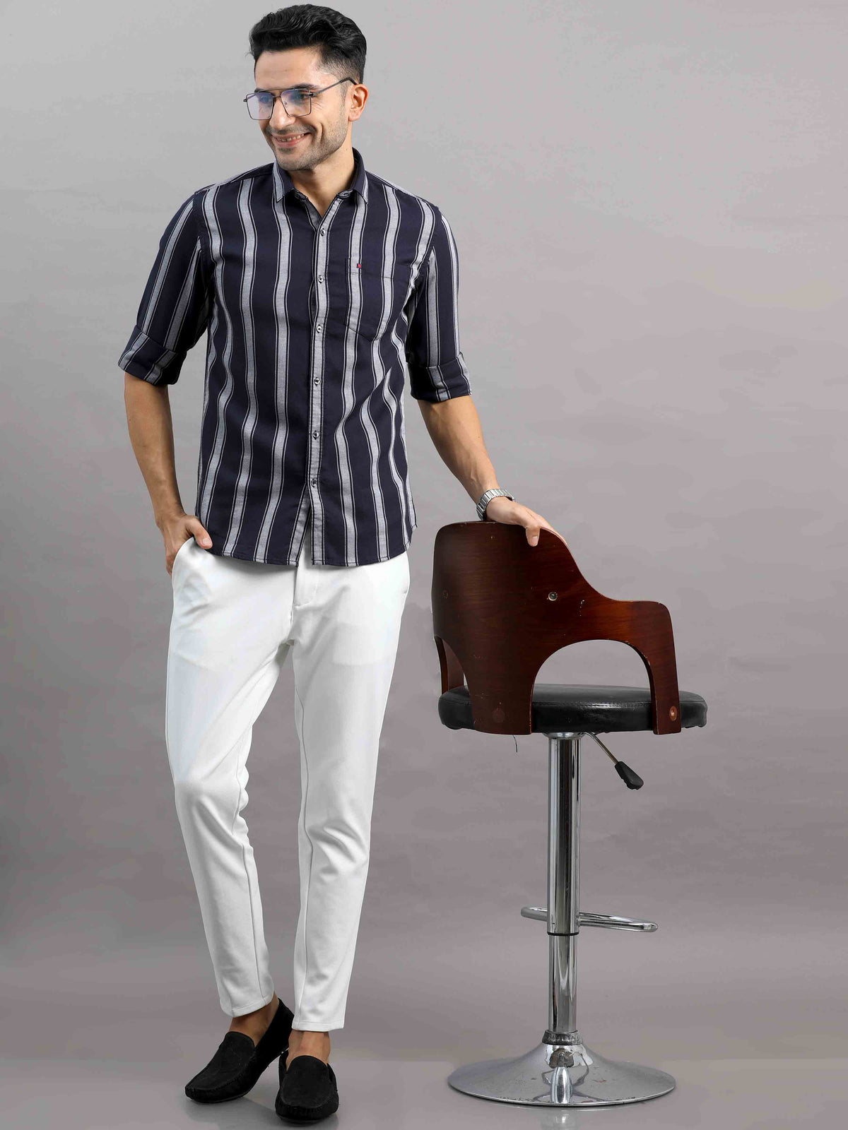 Men's Black Slim Fit Striped Full Sleeves Casual Shirt