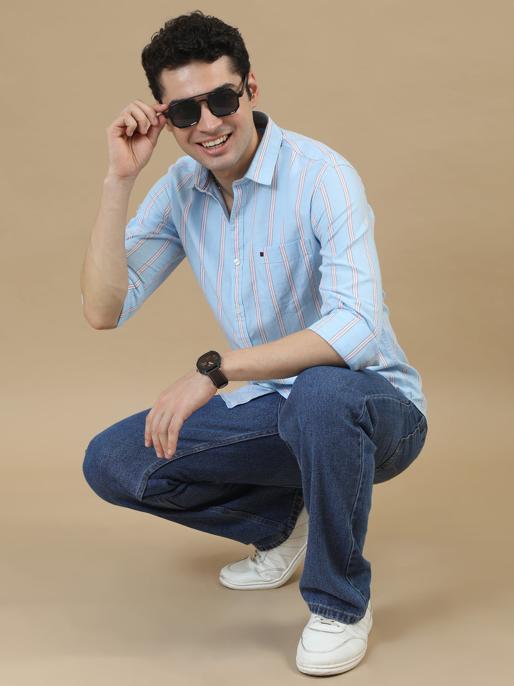 Men Sky Blue Slim Fit Stripes Full Sleeve Casual Shirt