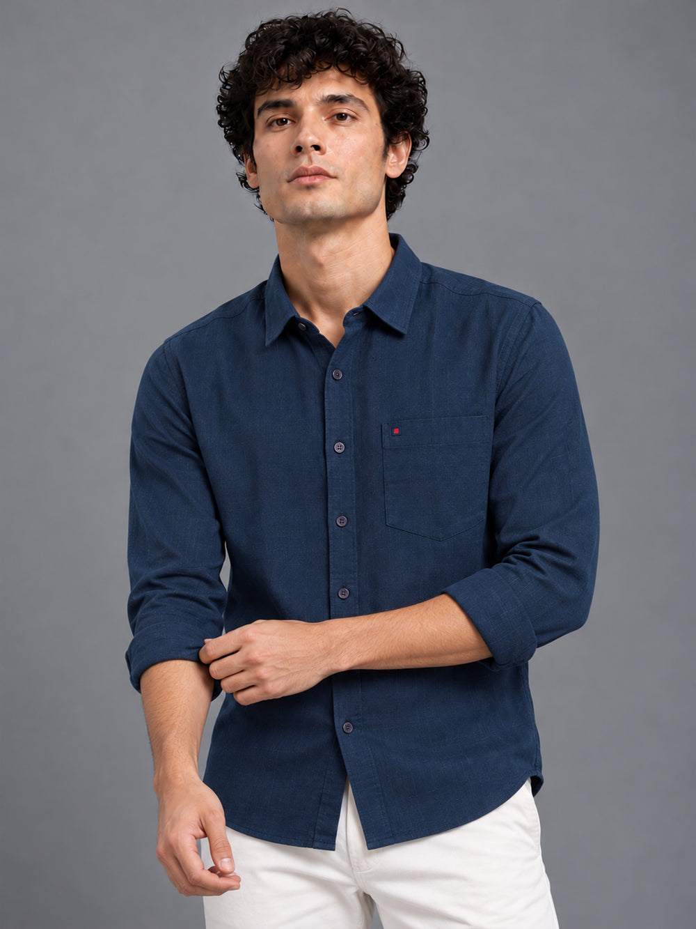 Men's Navy Linen Textured Slim Fit Solid Casual Shirt