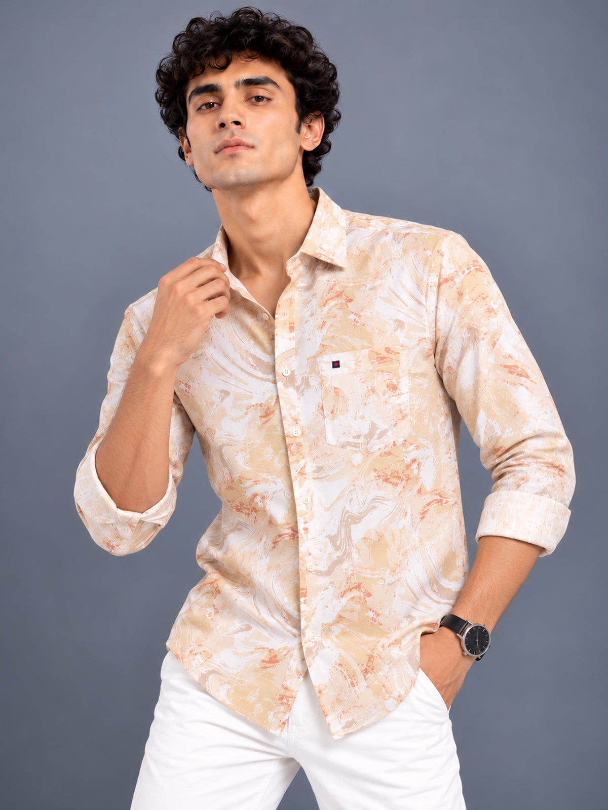 Men Yellow Abstract Printed Slim Fit Casual Shirt