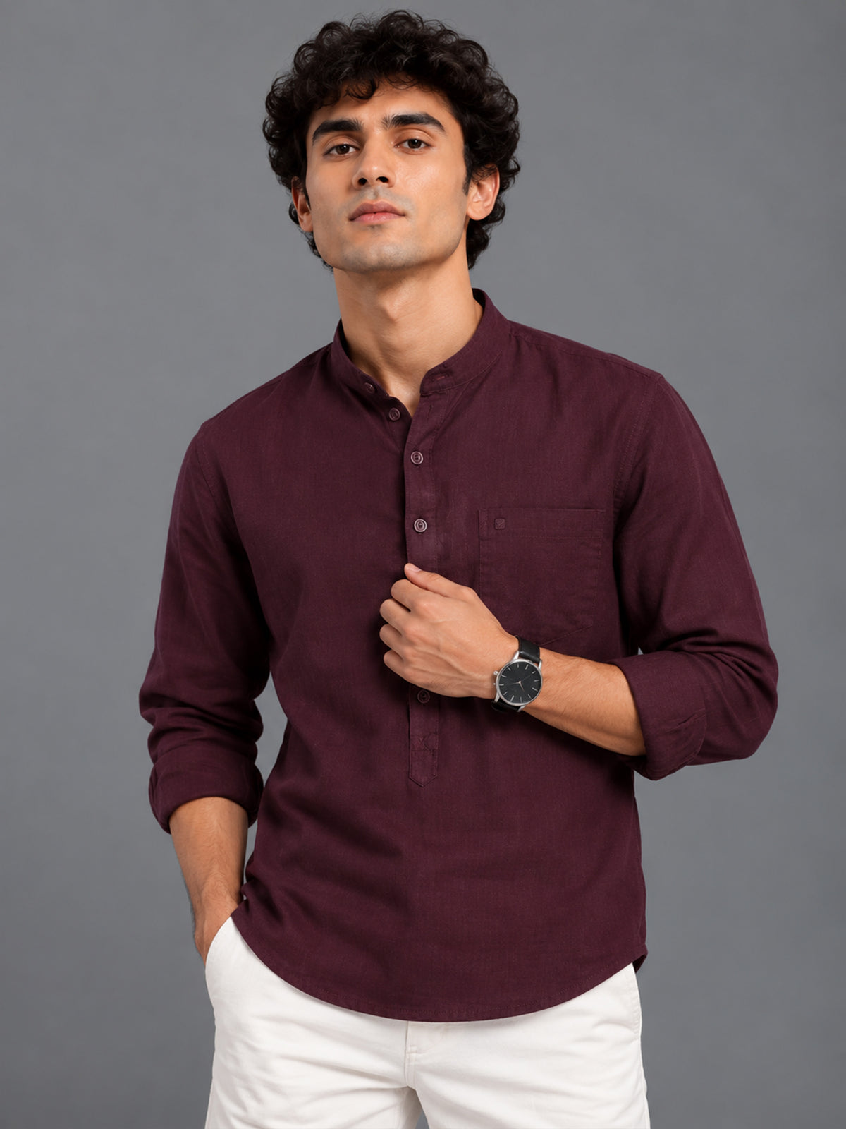 Men Wine Slim Fit Solid Linen Texture Casual Kurta Shirt