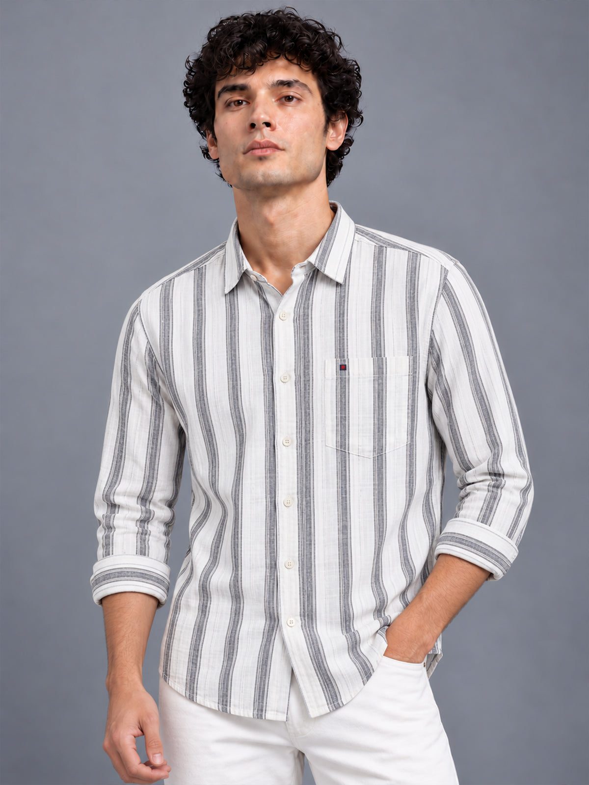 Men White Vertical Striped Slim Fit Casual Shirt