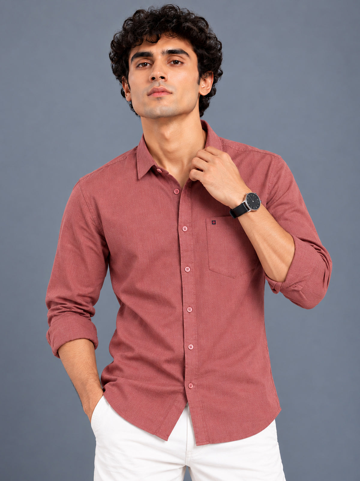 Men's Dusty Rose Linen Textured Slim Fit Solid Casual Shirt