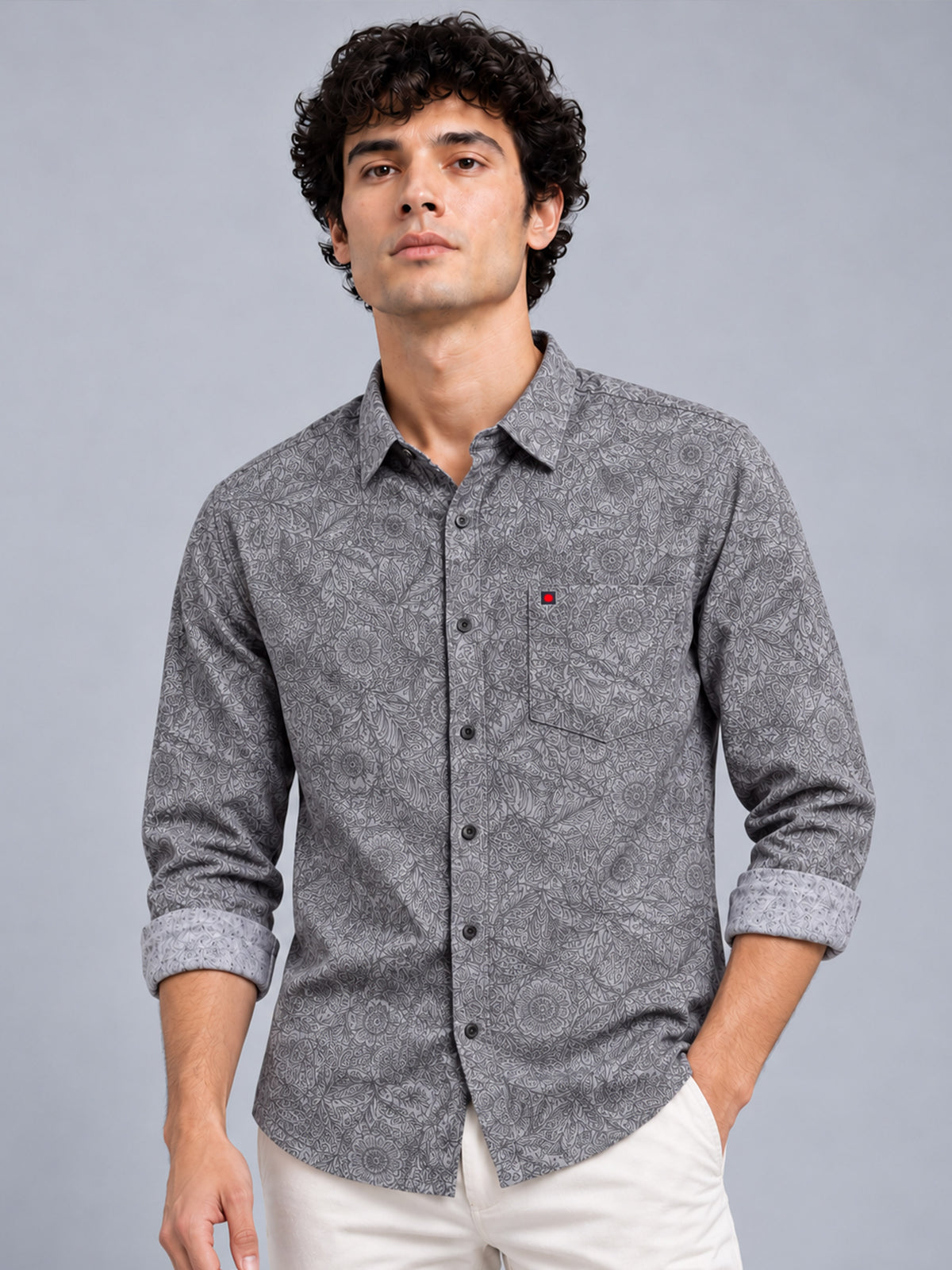 Men Dark Grey Slim Fit Floral Printed Casual Shirt