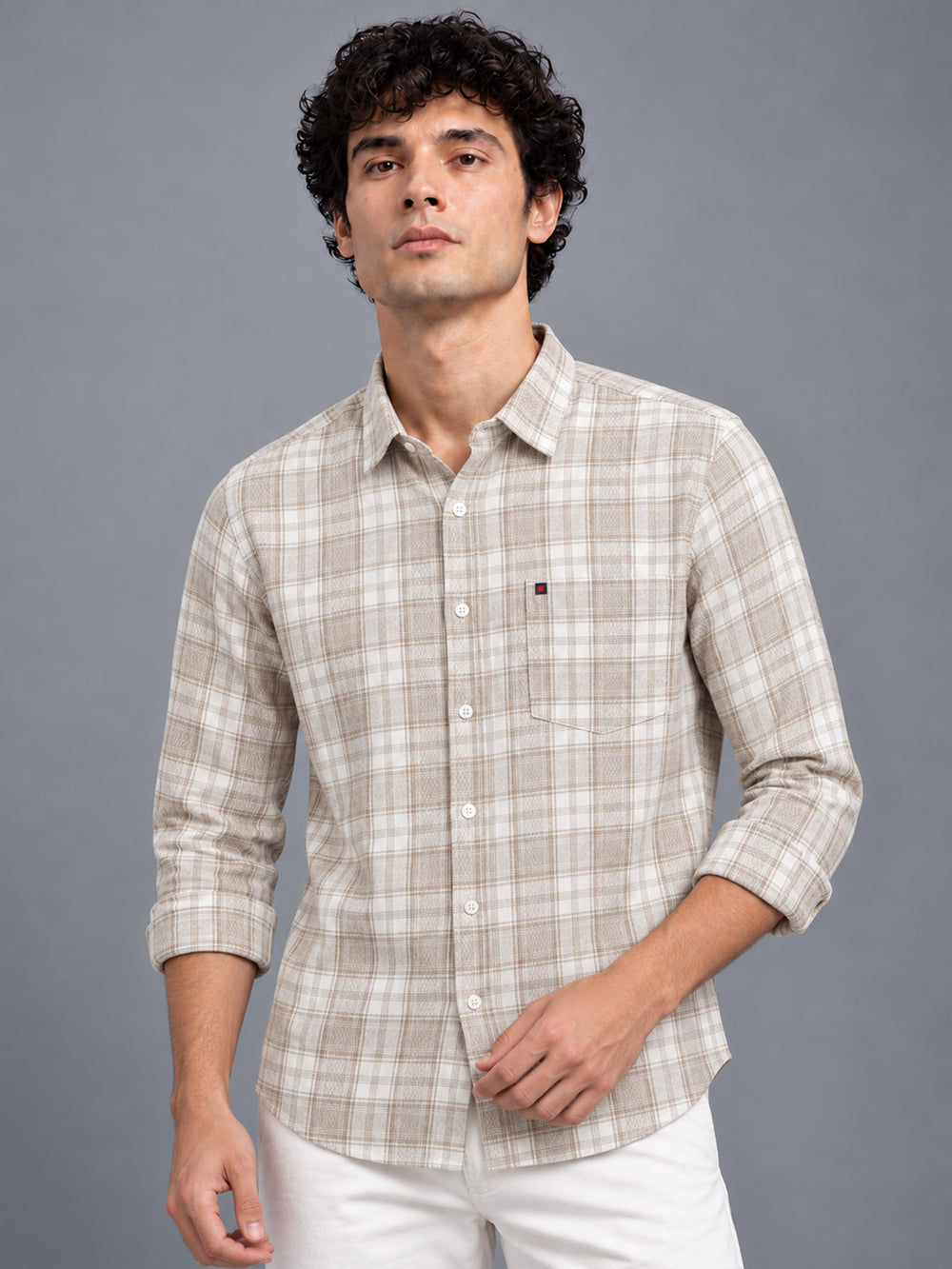 Men’s Beige Windowpane Checked Slim Fit Casual Shirt